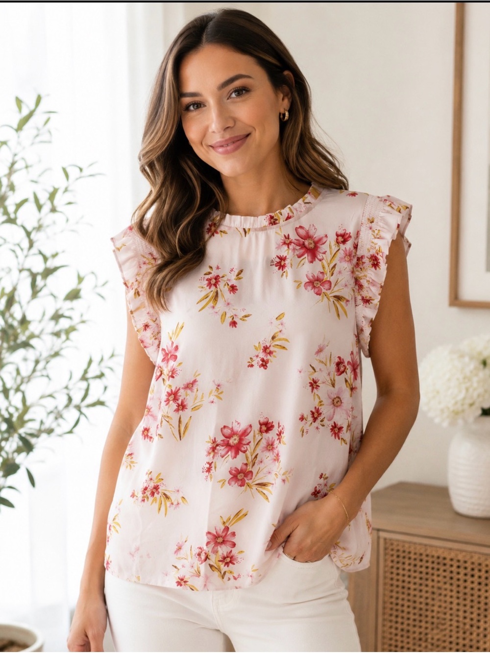 021 DR2 Pink Floral Ruffle Sleeve Camisole